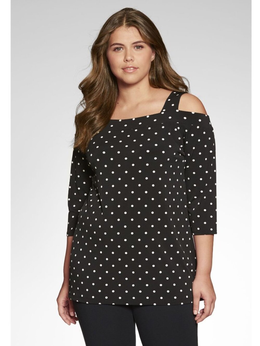 Woman Within 3X 30/32 Top Black & White Polka Dot 3/4 Sleeves Cold Shoulder NEW